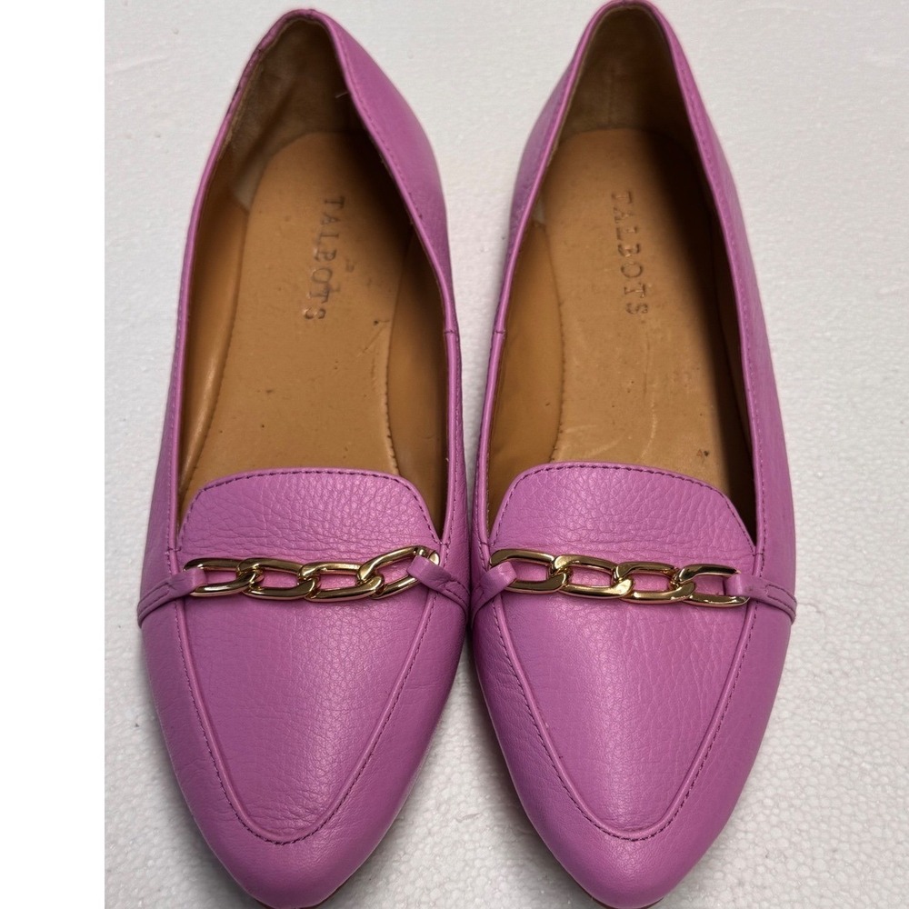Talbots Orchid Pink Pebbled Leather Pointed Toe Chain Link Loafers Size 7M